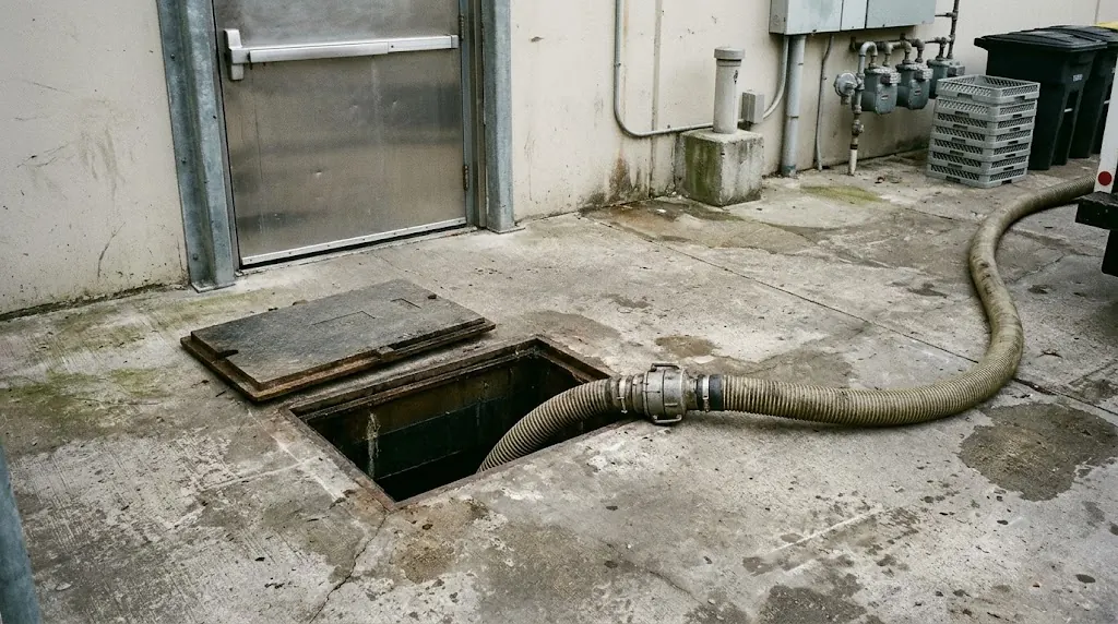 Grease trap pumping behind a restaurant kitchen