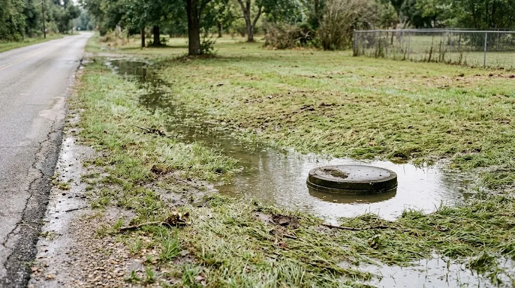 Floodwater over a yard and septic lid beside a rural road