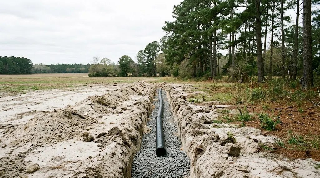 New drain field pipe laid on gravel in sandy Pee Dee soil